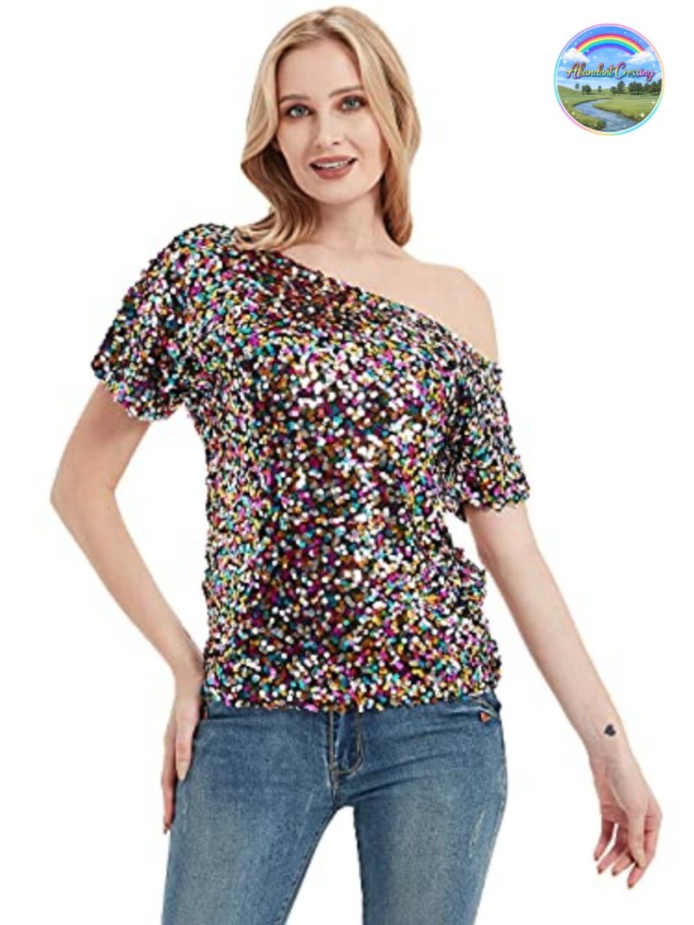 Sequin One Shoulder Top Short Sleeve Sparkly Party Blouse